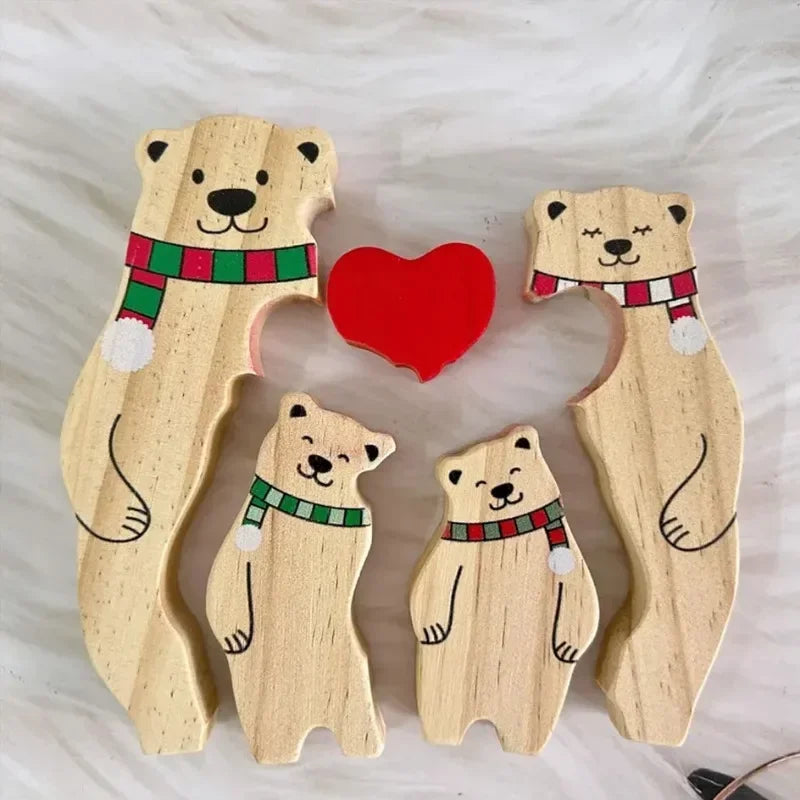 Famille d’Ours en Puzzle en Bois Personnalisée - Prénoms Gravés pour Chaque Membre