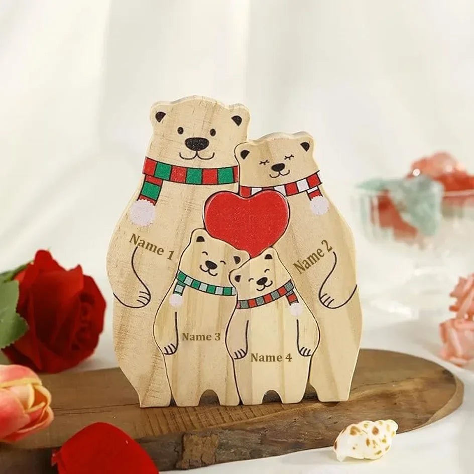 Famille d’Ours en Puzzle en Bois Personnalisée - Prénoms Gravés pour Chaque Membre