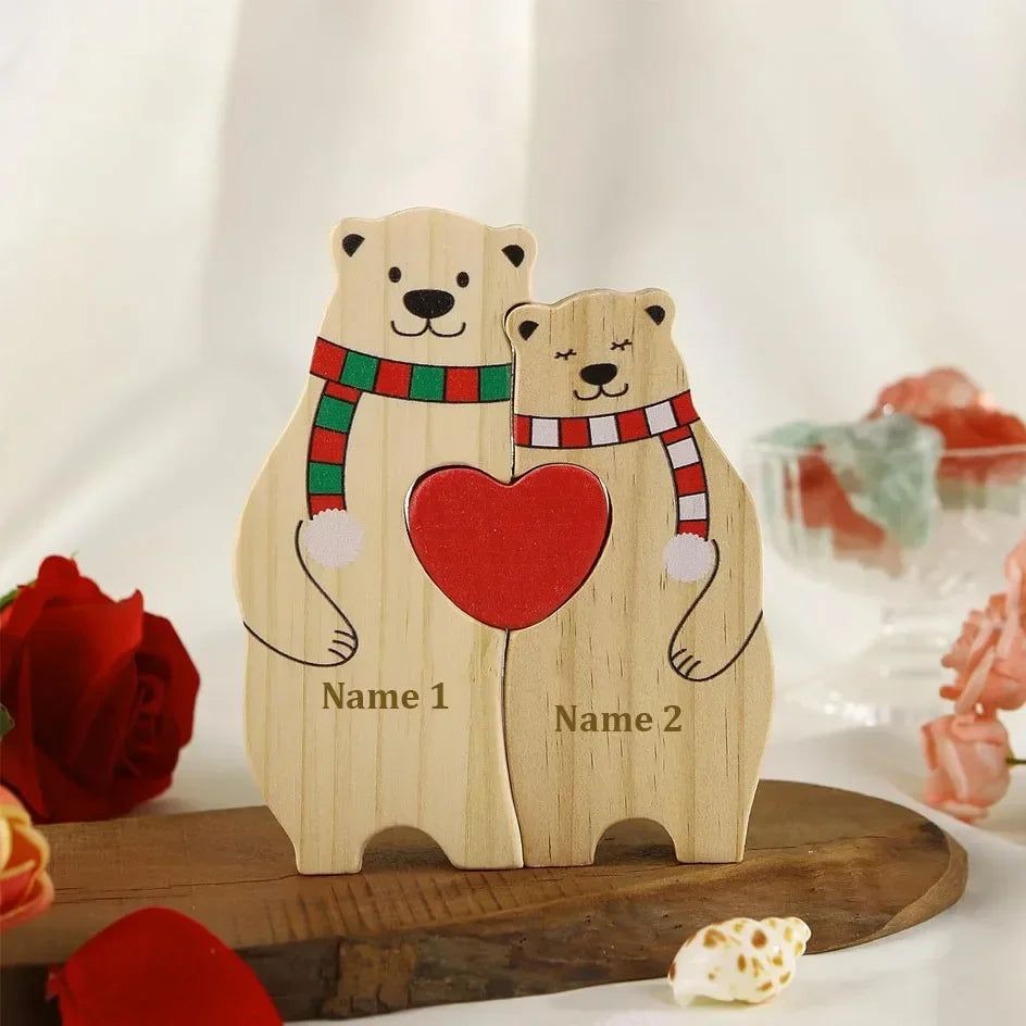 Famille d’Ours en Puzzle en Bois Personnalisée - Prénoms Gravés pour Chaque Membre