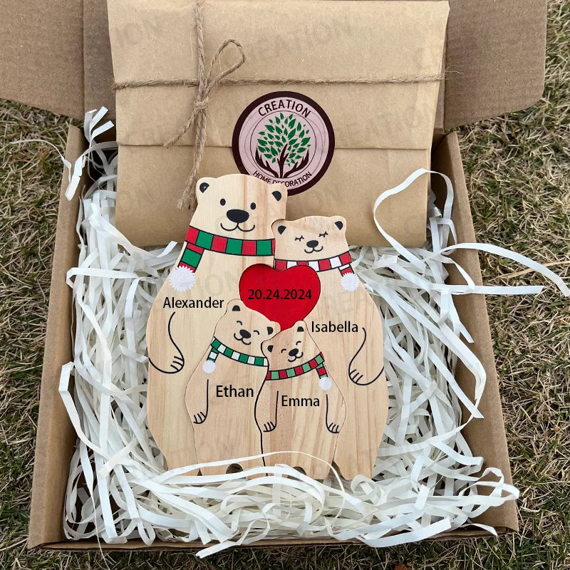Famille d’Ours en Puzzle en Bois Personnalisée - Prénoms Gravés pour Chaque Membre