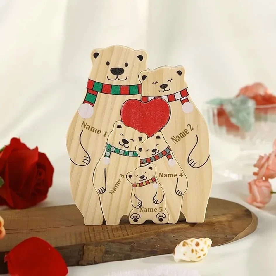 Famille d’Ours en Puzzle en Bois Personnalisée - Prénoms Gravés pour Chaque Membre