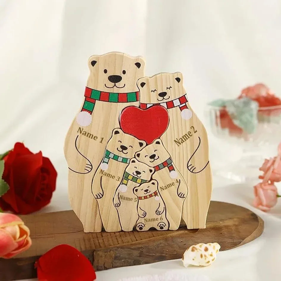 Famille d’Ours en Puzzle en Bois Personnalisée - Prénoms Gravés pour Chaque Membre