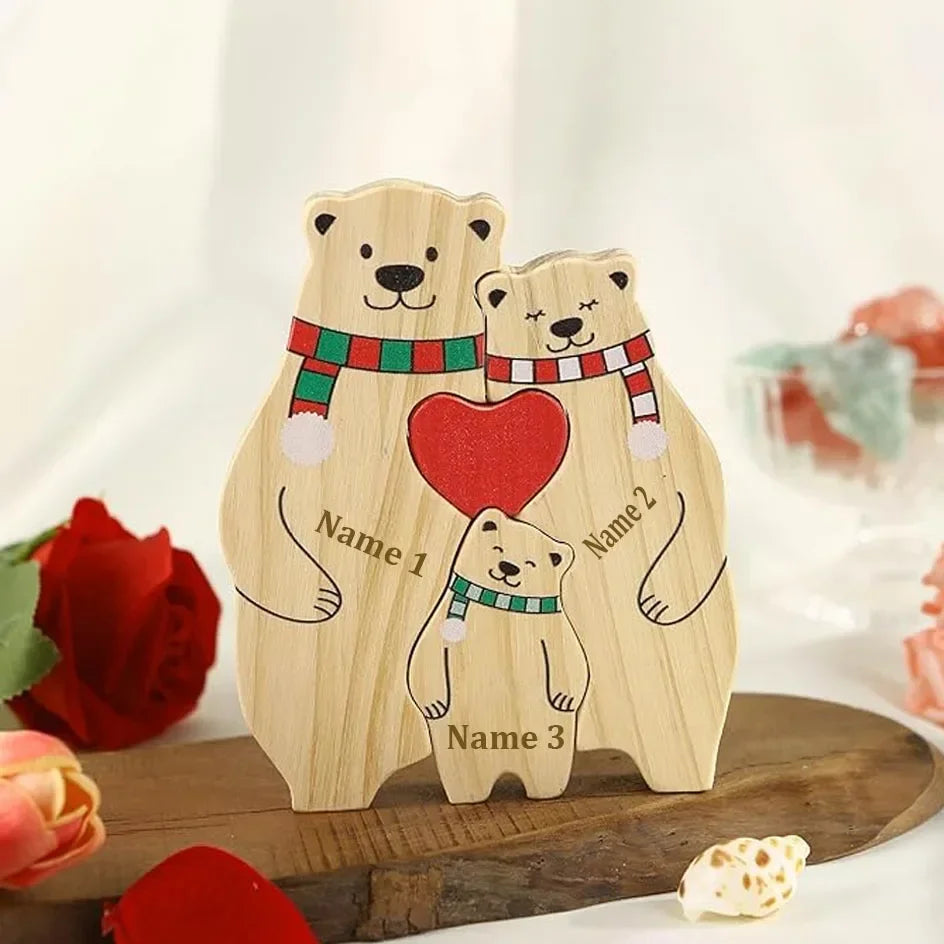 Famille d’Ours en Puzzle en Bois Personnalisée - Prénoms Gravés pour Chaque Membre