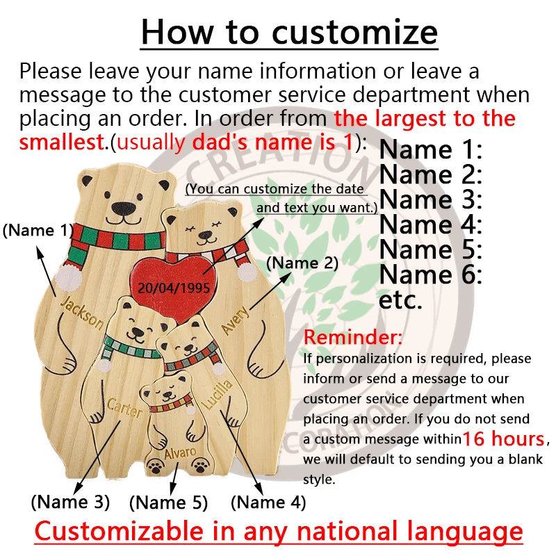 Famille d’Ours en Puzzle en Bois Personnalisée - Prénoms Gravés pour Chaque Membre