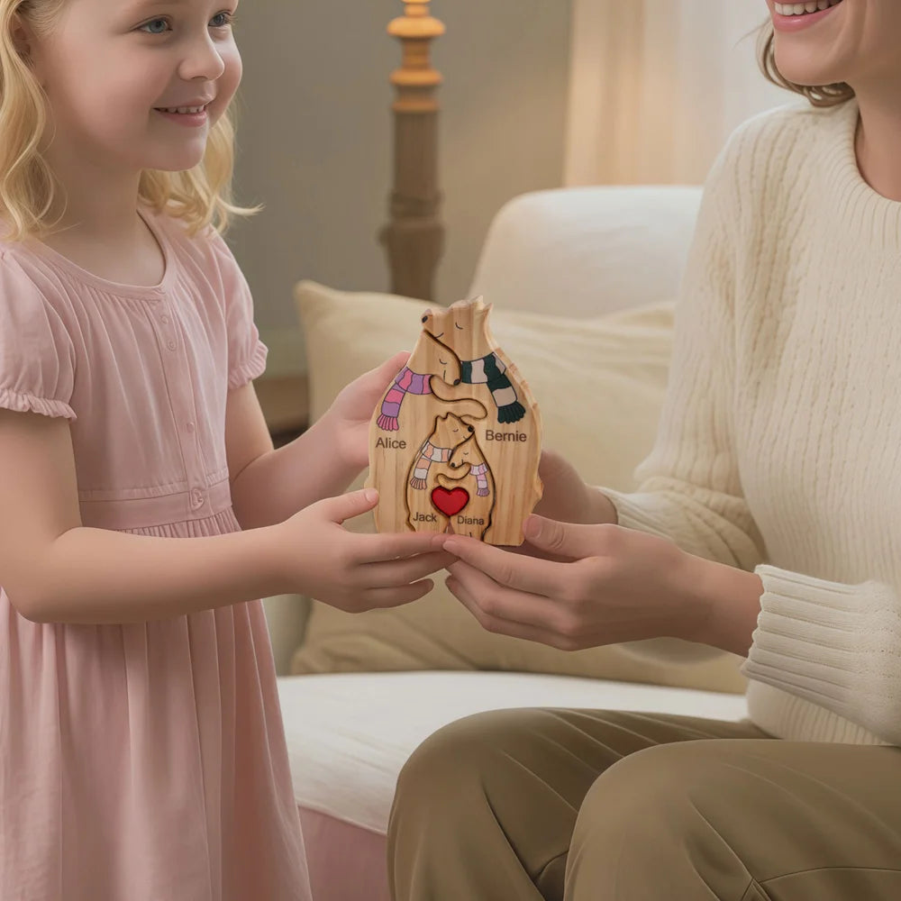 Famille d’Ours en Bois Personnalisée - Cadeau Unique avec Noms Gravés